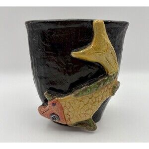 Vintage Handmade Pottery Vase 3D Koi Fish Design Signed Black Glaze Studio Art